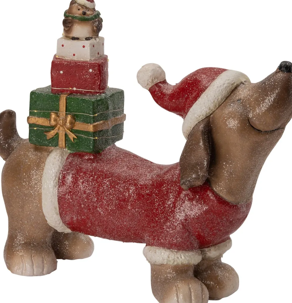 Intratuin kerstfiguur hond teckel met cadeaus bruin LED warm wit 40,5 x 16,5 x 48,5 cm
