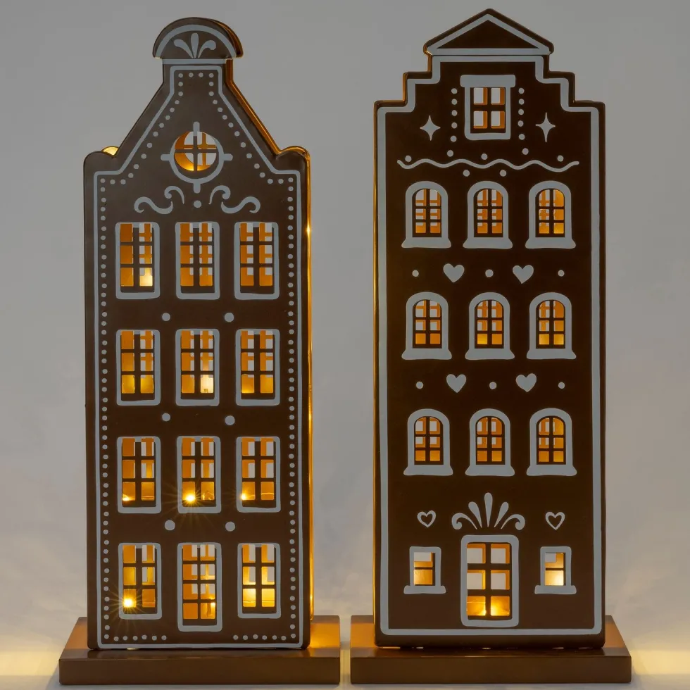 Intratuin kerstfiguur Howie grachtenpand stippen bruin / wit met verlichting 31 x 16 x 74,5 cm