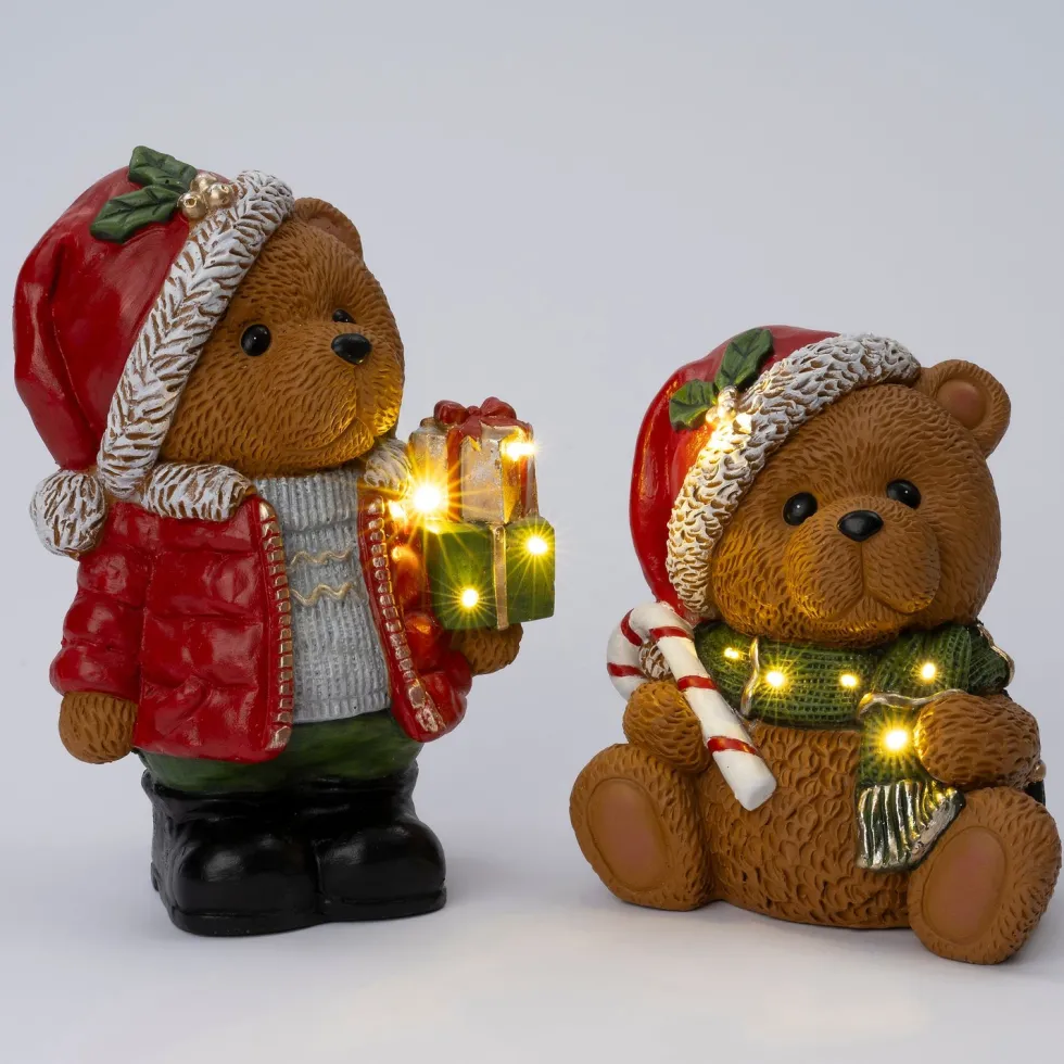 Intratuin kerstfiguur Huldra beer met zuurstok bruin / rood met verlichting 25 x 20,5 x 29 cm