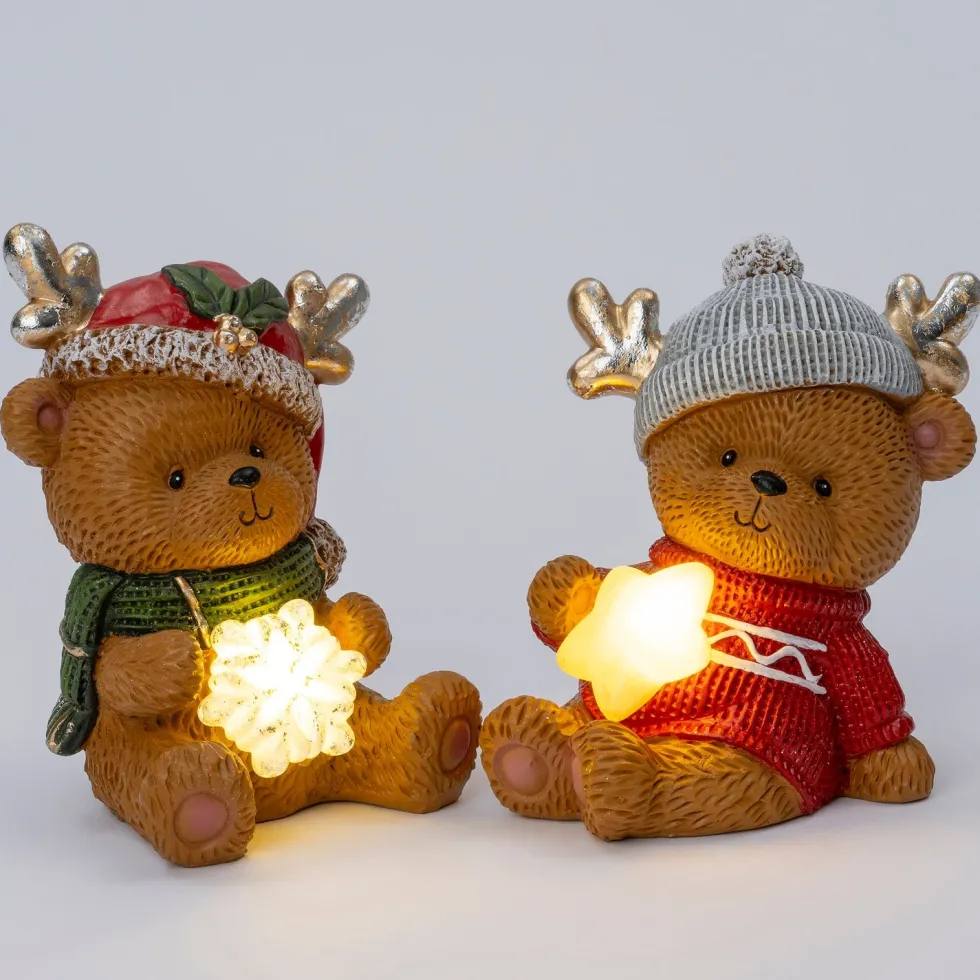 Intratuin kerstfiguur Huldra beer grijze muts met verlichting 14,5 x 9,5 x 14 cm