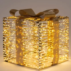 Intratuin kerstfiguur Iris cadeau goud met verlichting 40 x 40 x 47 cm
