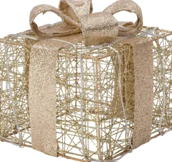 Intratuin kerstfiguur Koro cadeau beige met verlichting 12 x 12 x 14 cm