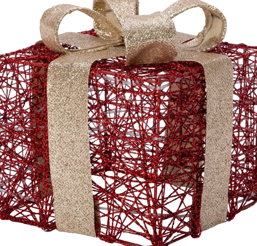 Intratuin kerstfiguur Koro cadeau rood / goud met verlichting 15 x 15 x 18 cm