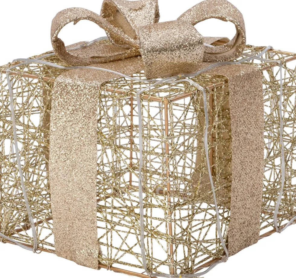 Intratuin kerstfiguur Koro cadeau beige met verlichting 10 x 10 x 12 cm