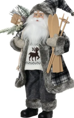 Intratuin kerstfiguur Noël kerstman met skies grijs 22,5 x 12,5 x 45,5 cm