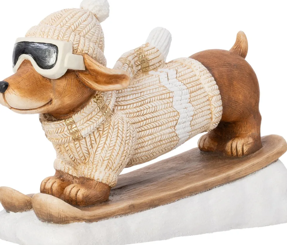 Intratuin kerstfiguur ski teckel trui beige / bruin 50,5 x 16,5 x 37 cm