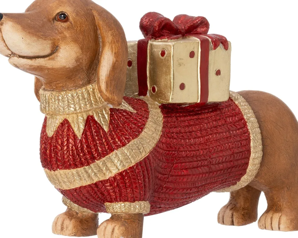 Intratuin kerstfiguur teckel cadeau rood / bruin 47 x 13,5 x 28 cm