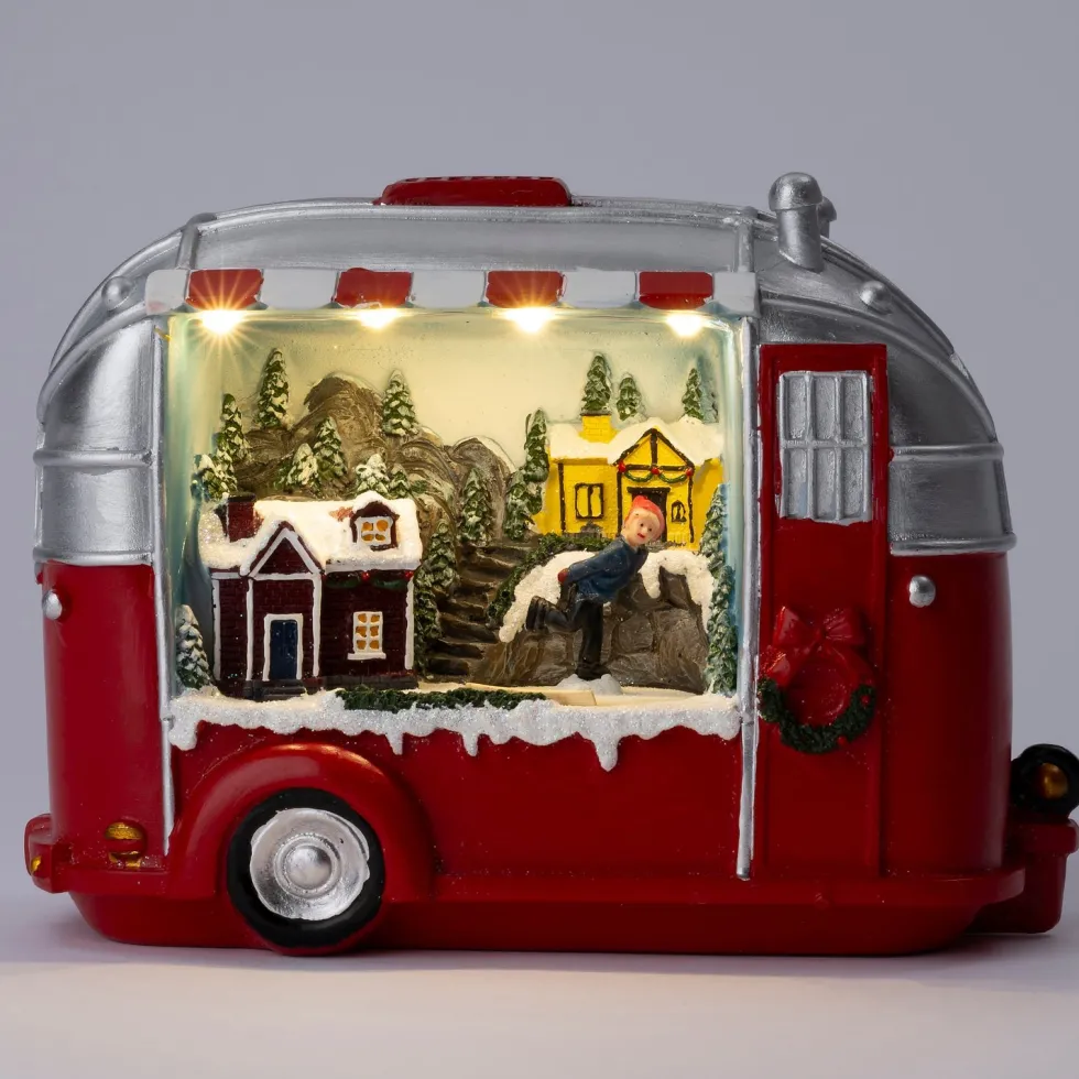 Intratuin kerstfiguur trailer huisje rood / wit 23,5 x 10 x 16 cm