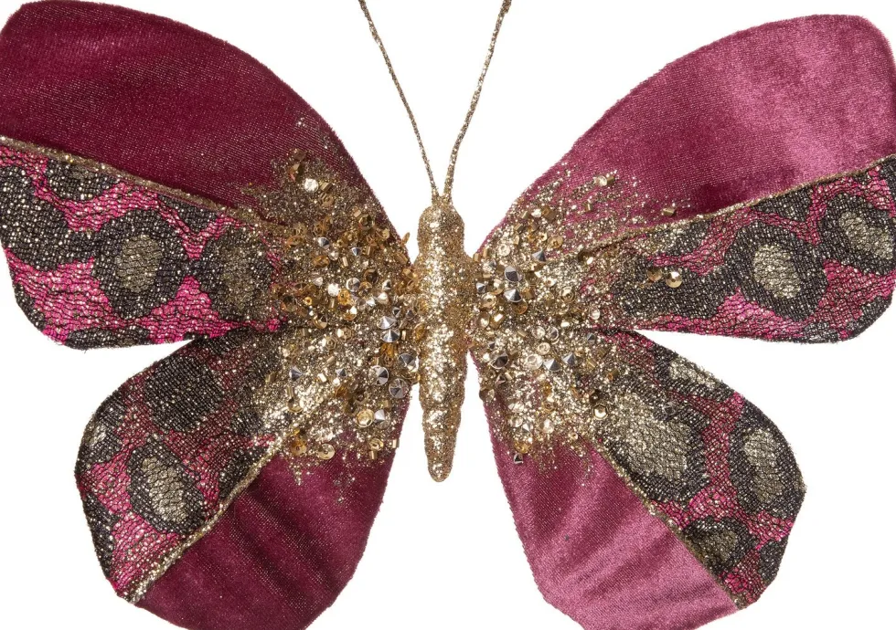 Intratuin kerstfiguur vlinder met glitters roze 17,5 x 15,5 x 3 cm