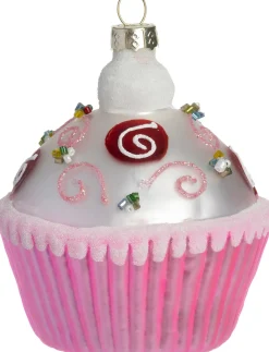 Intratuin kerst ornament cupcake roze / wit 7,5 x 7,5 x 9 cm