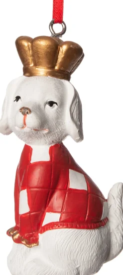 Intratuin kerst ornament hond met kroon wit 4,5 x 4 x 7 cm