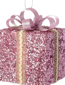 Intratuin kerst ornament Lahja cadeau roze glitter 6 x 6 x 8,5 cm