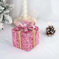 Intratuin kerst ornament Lahja cadeau roze glitter 8 x 8 x 12 cm
