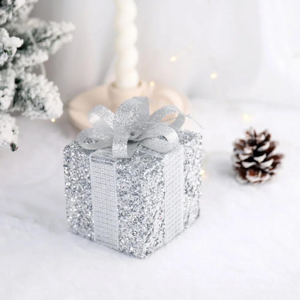 Intratuin kerst ornament Lahja cadeau zilver glitter 8 x 8 x 12 cm