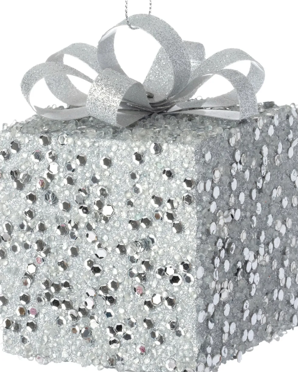 Intratuin kerst ornament Lahja cadeau zilver bepareld 8 x 8 x 12 cm