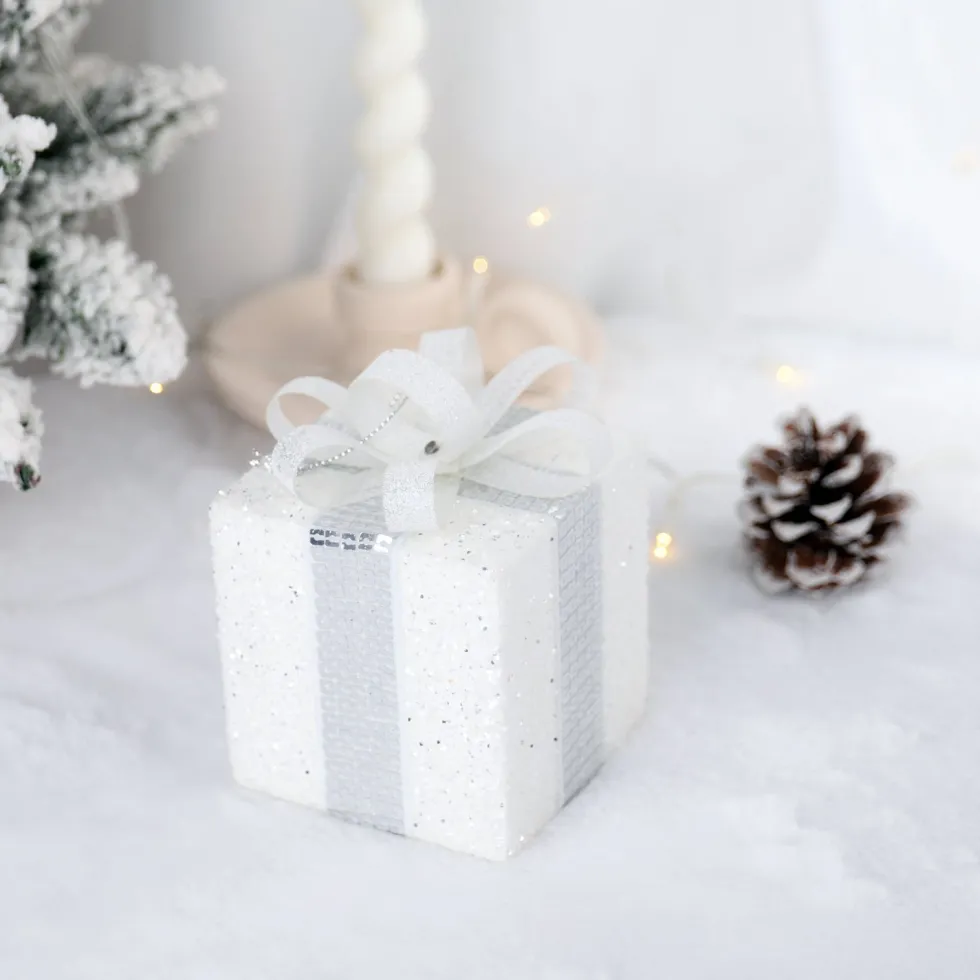 Intratuin kerst ornament Lahja cadeau wit glitter 8 x 8 x 12 cm