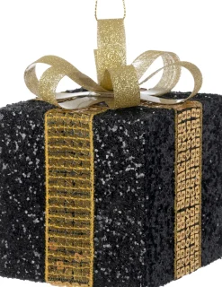 Intratuin kerst ornament Lahja cadeau zwart glitter 6 x 6 x 8,5 cm