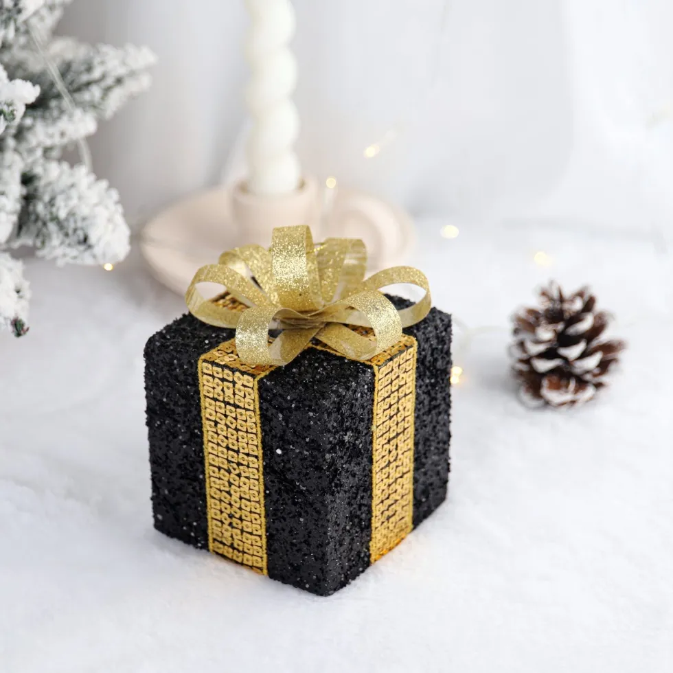 Intratuin kerst ornament Lahja cadeau zwart glitter 6 x 6 x 8,5 cm