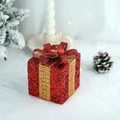 Intratuin kerst ornament Lahja cadeau rood pailletten 6 x 6 x 8,5 cm