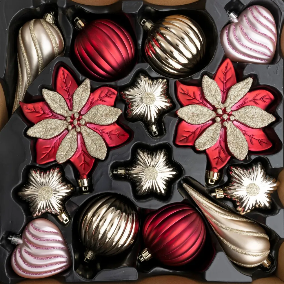 Intratuin kerst ornament mix Mesick rood / goud / roze D 5 - 13 cm 14-delig