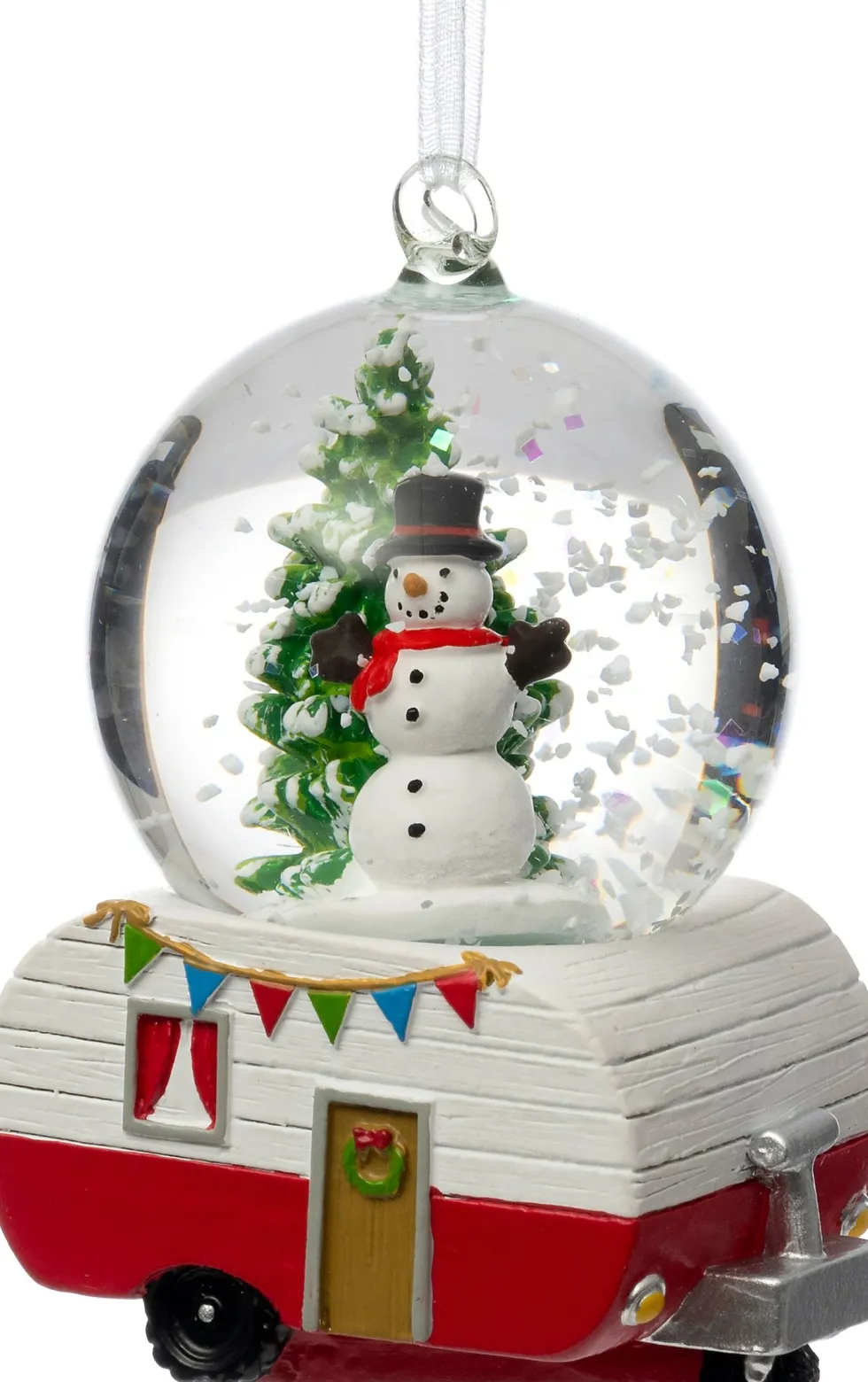 Intratuin kerst ornament Ravi sneeuwbol caravan wit / rood 5 x 4,5 x 7 cm