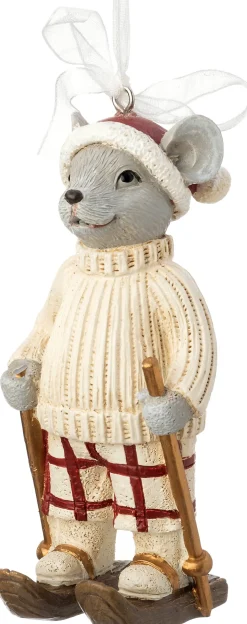 Intratuin kerst ornament Rumi muis ski wit / grijs 4,5 x 4,2 x 10,6 cm