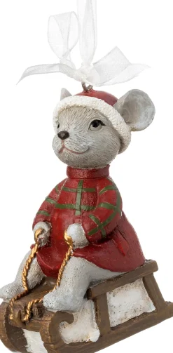 Intratuin kerst ornament Rumi muis slee rood / grijs 3,3 x 5,1 x 8,1 cm