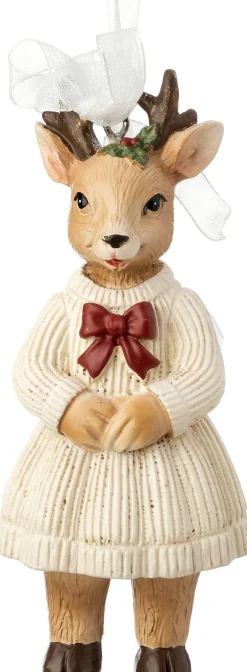 Intratuin kerst ornament Tovi hert in jurk wit / bruin 5 x 4 x 11 cm