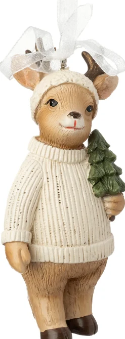 Intratuin kerst ornament Tovi hert met boompje wit / bruin 4,5 x 4 x 10,2 cm