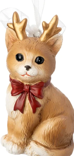 Intratuin kerst ornament Vico kat met strik bruin 5 x 4 x 8,5 cm