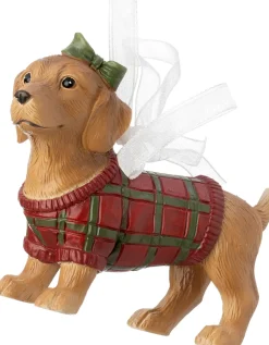 Intratuin kerst ornament Vico hond met trui rood / bruin 8 x 3,2 x 6,4 cm