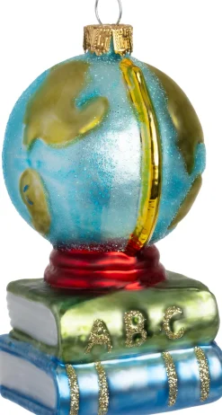 Intratuin kerst ornament wereldbol met boeken blauw / groen 5,7 x 6,1 x 11 cm