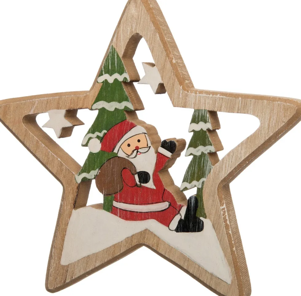 Intratuin kerstster met kerstman hout naturel / groen / rood 19 x 2 x 19 cm