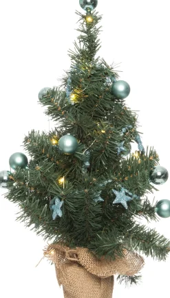 Intratuin mini kunstkerstboom met versiering lichtblauw op jute voet met 10 lampjes warm wit D 28 H 45