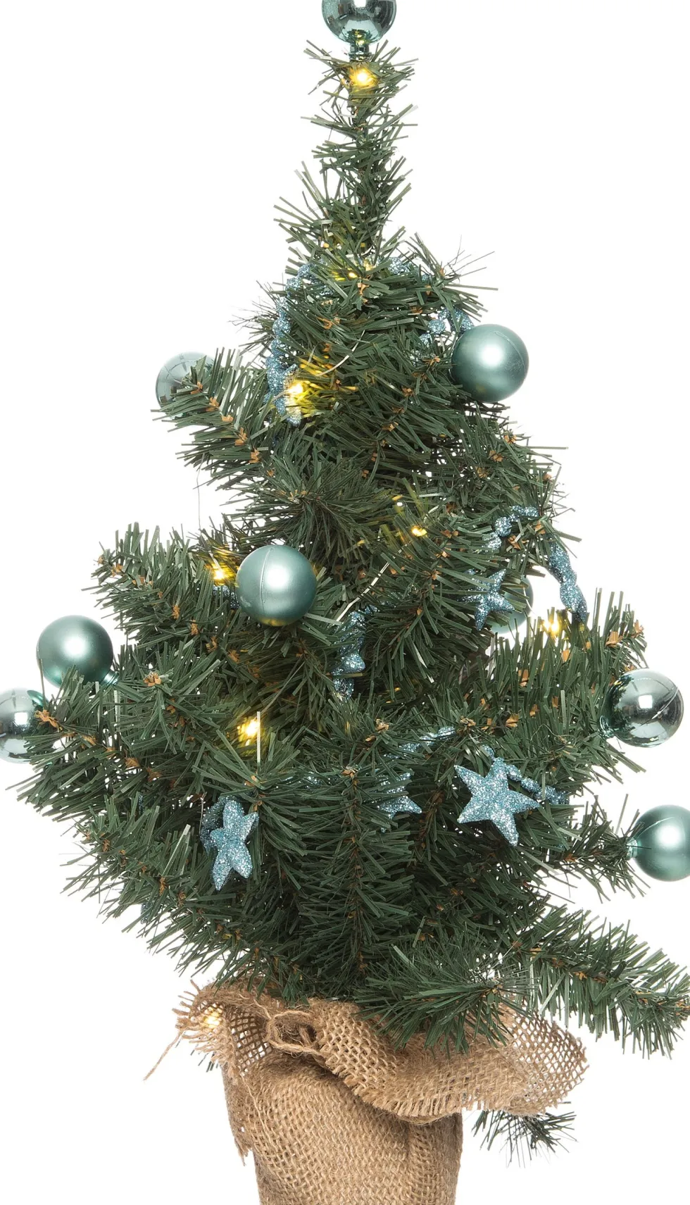 Intratuin mini kunstkerstboom met versiering lichtblauw op jute voet met 10 lampjes warm wit D 28 H 45