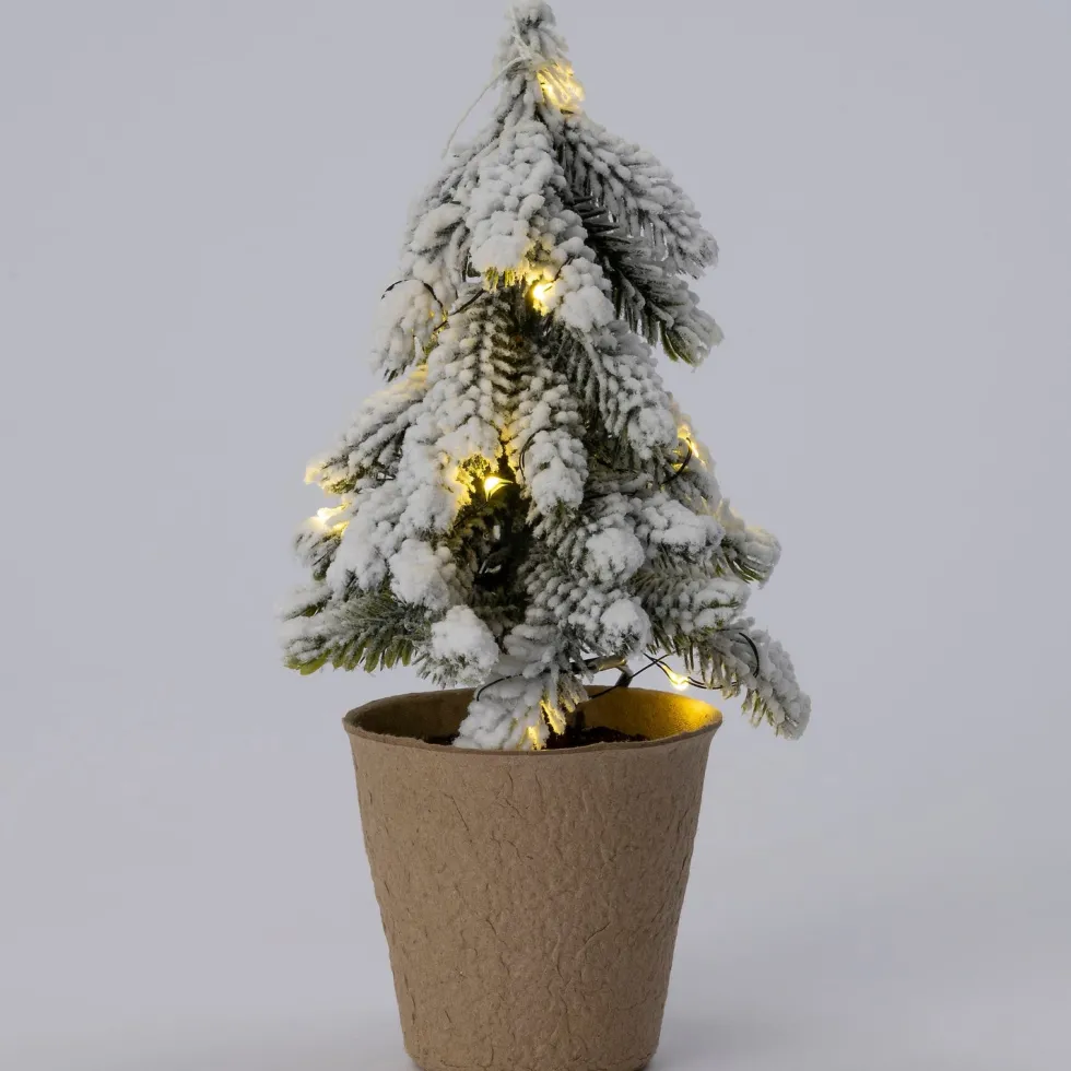 Intratuin mini kunstkerstboom Kraft besneeuwd met 10 lampjes warm wit D 12 H 23 cm