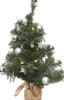 Intratuin mini kunstkerstboom met versiering op jute voet met 10 lampjes warm wit D 28 H 45 cm