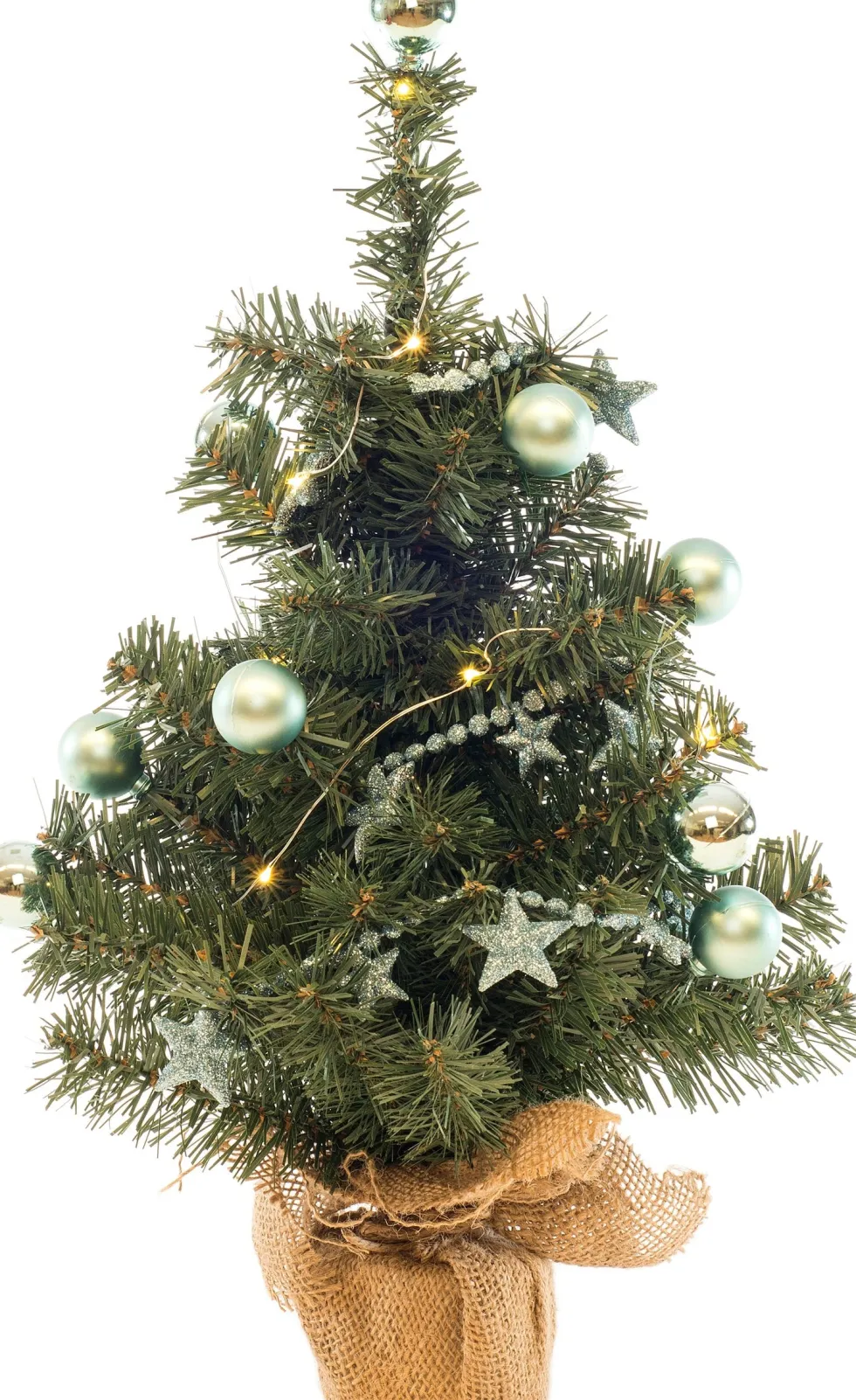 Intratuin mini kunstkerstboom met versiering op jute voet met lampjes warm wit H 60 cm