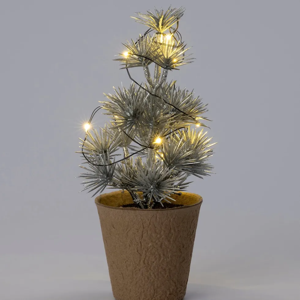 Intratuin mini kunstkerstboom Kraft zilver met 10 lampjes warm wit D 12 H 22 cm
