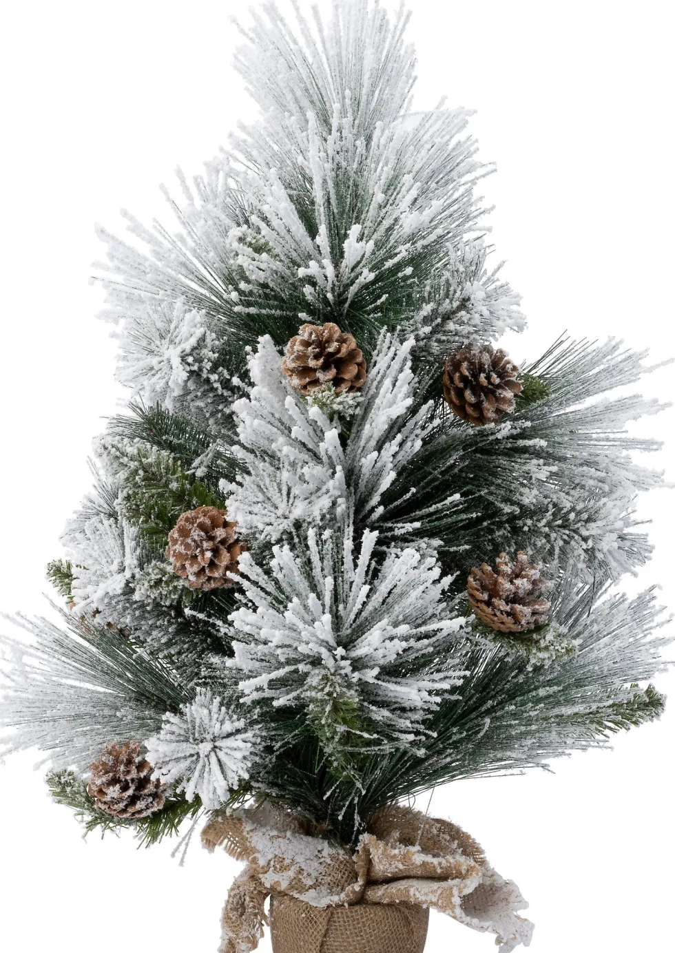 Intratuin mini kunstkerstboom Tamaki besneeuwd dennenappels op jute voet D 40 H 60 cm