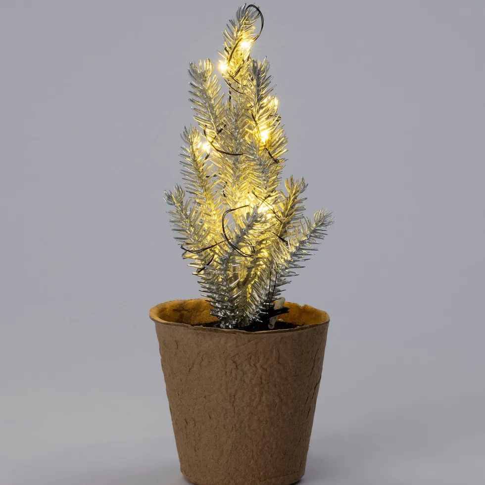 Intratuin mini kunstkerstboom Kraft zilver met 10 lampjes warm wit D 8 H 21 cm