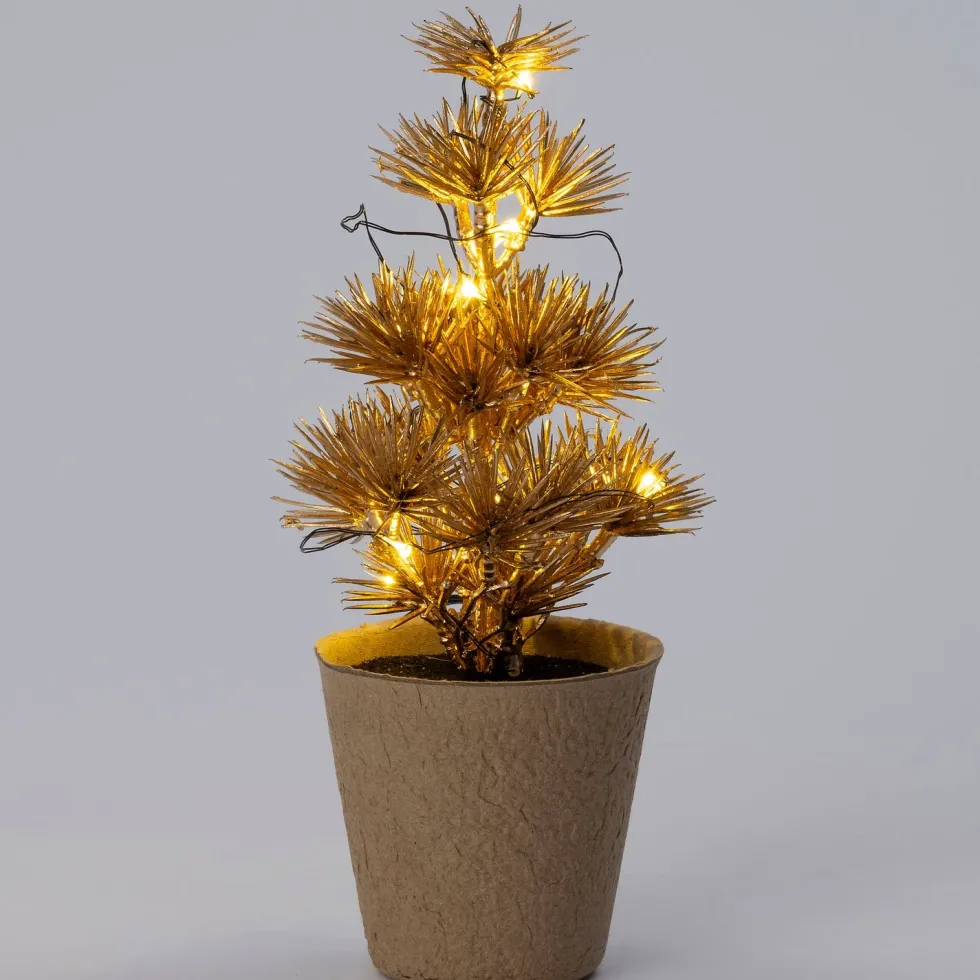 Intratuin mini kunstkerstboom Kraft goud met 10 lampjes warm wit D 12 H 22 cm