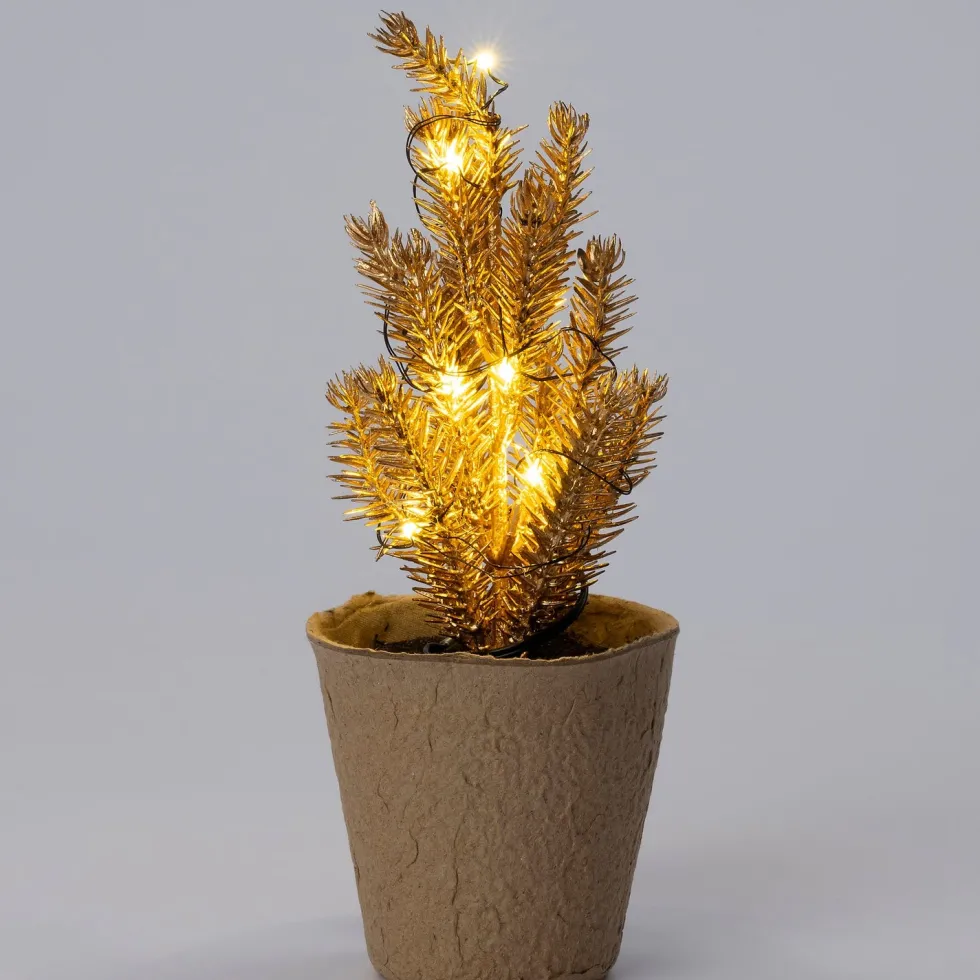 Intratuin mini kunstkerstboom Kraft goud met 10 lampjes warm wit D 8 H 21 cm
