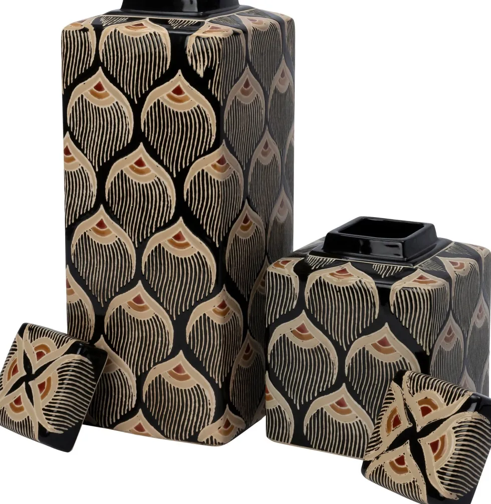 Intratuin vaas Lora zwart / beige 17 x 17 x 42 cm