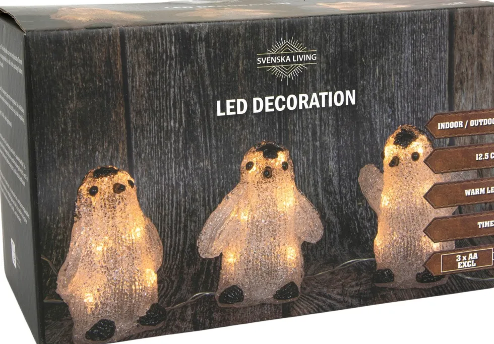 Kerstfiguur Chip pinguin wit met verlichting 14,5 x 23 x 11,5 cm 3 stuks