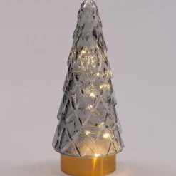 Kerstfiguur decoratieboom grijs / goud D 10,5 H 24,5 cm met 10 LED lampjes