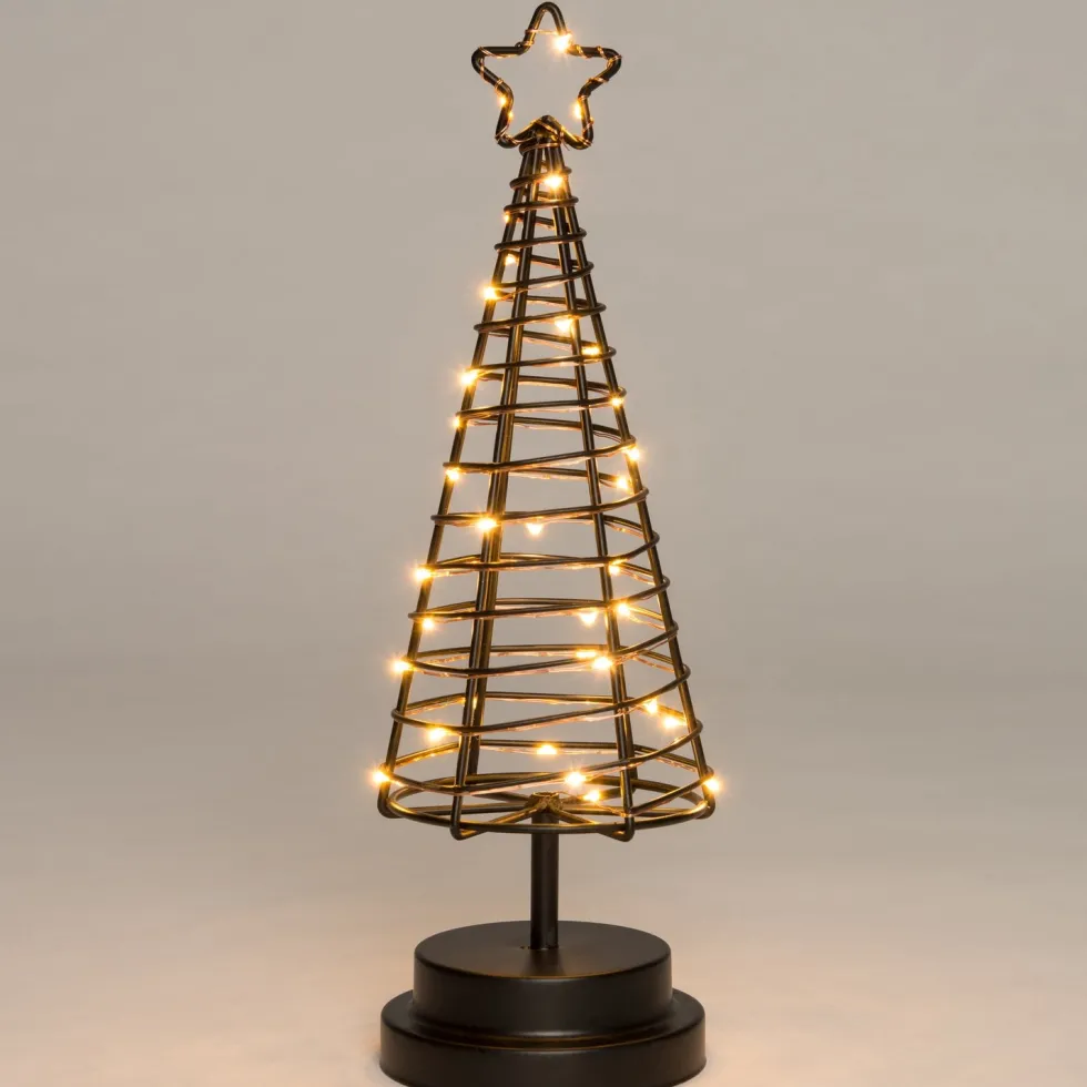 Kerstfiguur decoratieboom zwart / koper D 9,5 H 30 cm met 30 LED lampjes warm wit