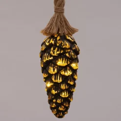 Kerstlamp dennenappel met touw goud D 10 cm met 15 lampjes warm wit