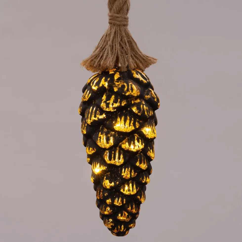 Kerstlamp dennenappel met touw goud D 10 cm met 15 lampjes warm wit
