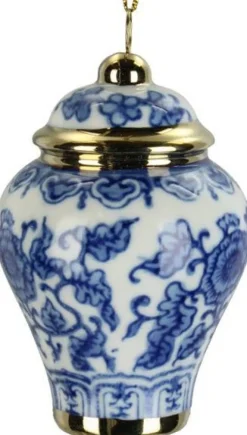 Kerst ornament Astonne wit / blauw bladeren D 5 H 7 cm